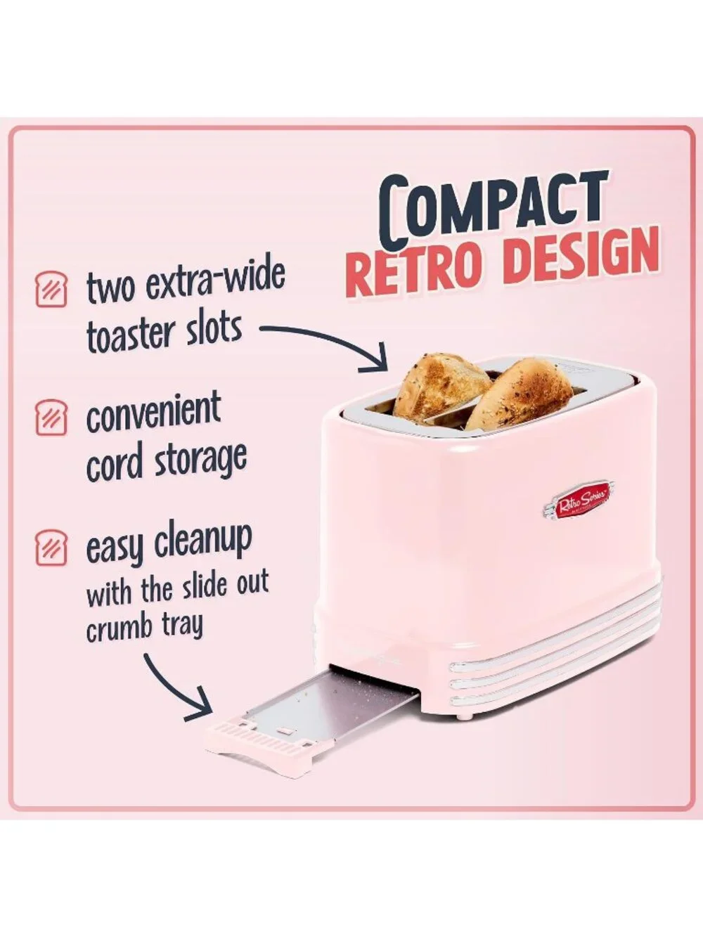Retro Wide 2-Slice Pink Vintage Design With Crumb Stainless Steel Tray Toaster